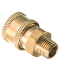 Brass pressure washer quick-connect coupler with 1/4 inch NPT male thread (close-up view)