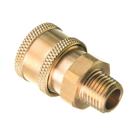 Brass pressure washer quick-connect coupler with 1/4 inch NPT male thread (close-up view)