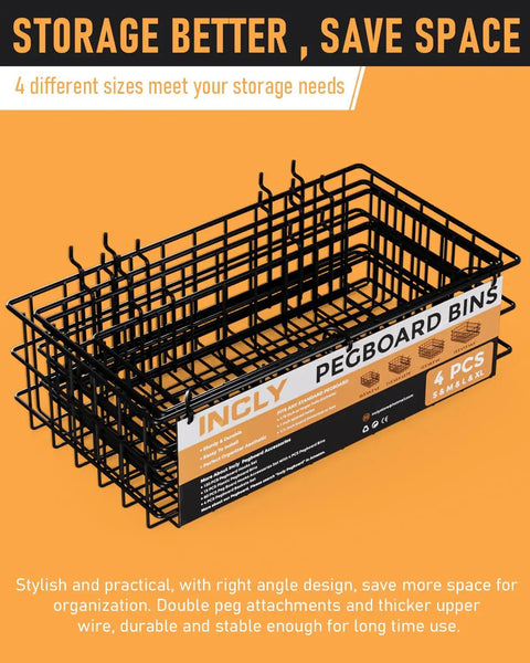 Four Pack Pegboard Baskets Set With Four Sizes S M L XL Black Metal Wire Bins for pegboard storage and garage organization.