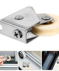 Heavy Duty Sliding Door Pulley Wheel With Adjustable Track Roller For Slick Silent Glide Operation Smooth Stainless Steel Hardware Replacement Zero Sweat Install close-up of stainless steel pulley with white wheel.