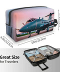 Aircraft Print Travel Cosmetic Bag Large Dopp Kit for Makeup and Toiletries, placed next to open suitcase, product dimensions shown