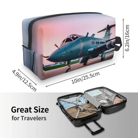 Aircraft Print Travel Cosmetic Bag Large Dopp Kit for Makeup and Toiletries, placed next to open suitcase, product dimensions shown