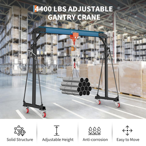Portable 2 Ton Gantry Crane With Manual Trolley, 8-12 Ft Adjustable Height, Heavy Duty Shop Crane Lift Hoist With Hooks And Shackles For Warehouse, Factory And Workshop Use lifting steel pipes in a warehouse.