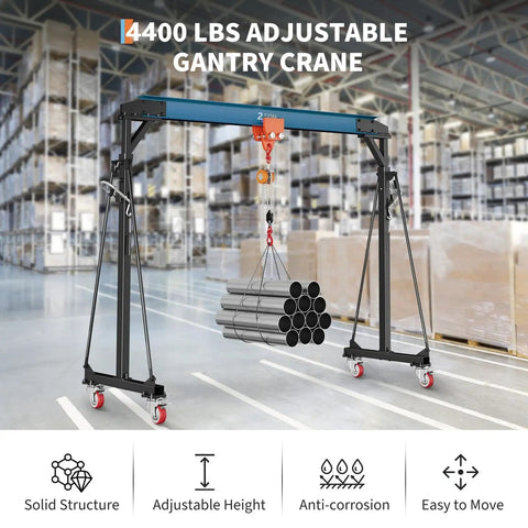 2 Ton Gantry Crane With Adjustable 8 To 12 Ft Height, 4400 Lbs Capacity, Manual Trolley Hoist in warehouse lifting pipes