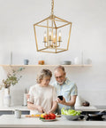 Built Tough Industrial Four Light Chandelier With Killer Gold Lantern Pendant And Rustic Metal Cage over family cooking in kitchen.