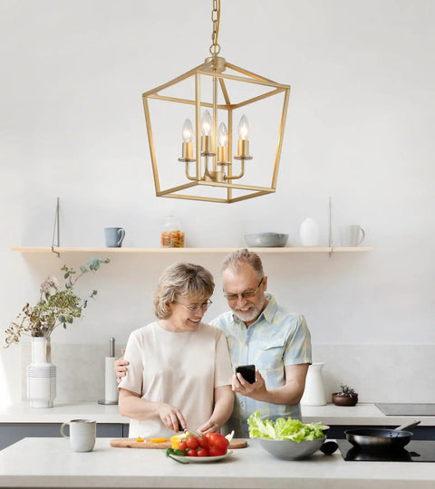 Built Tough Industrial Four Light Chandelier With Killer Gold Lantern Pendant And Rustic Metal Cage over family cooking in kitchen.