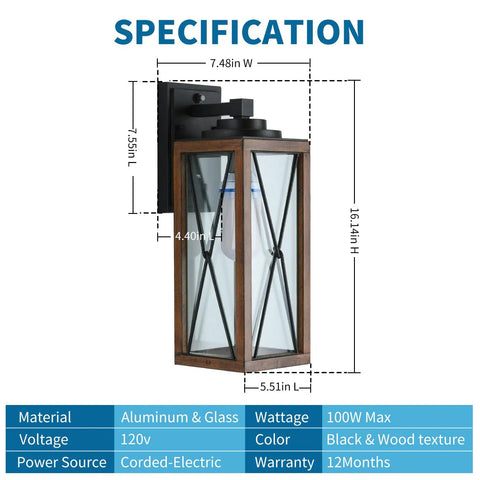 Outdoor Wall Lantern With Dusk To Dawn Sensor Hands Free Waterproof Exterior Sconce Lighting dimensions and materials