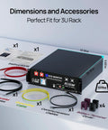 Image of a 51.2V 100Ah LiFePO4 battery storage rack with accessories and dimensions for Off Grid Solar System Kit With 12x195W N Type Bifacial Mono Panels 2340W Total 5kW 120/240V Inverter And 51.2V 100Ah LiFePO4 Battery Storage Rack For Whole Home Power.