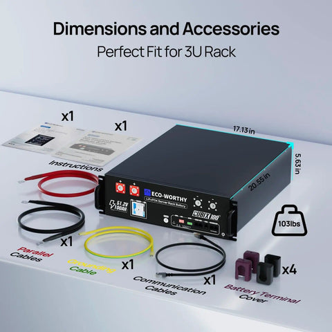Image of a 51.2V 100Ah LiFePO4 battery storage rack with accessories and dimensions for Off Grid Solar System Kit With 12x195W N Type Bifacial Mono Panels 2340W Total 5kW 120/240V Inverter And 51.2V 100Ah LiFePO4 Battery Storage Rack For Whole Home Power.