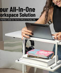 Woman using Adjustable Height Rolling Desk With Wheels Portable Compact Laptop Table Mobile Workstation For Study Office Small Space Standing Desk Ergonomic Writing Surface White Modern Home Furniture