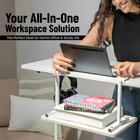 Woman using Adjustable Height Rolling Desk With Wheels Portable Compact Laptop Table Mobile Workstation For Study Office Small Space Standing Desk Ergonomic Writing Surface White Modern Home Furniture