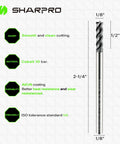 One Eighth Inch Shank Carbide Square End Mill, Four Flute CNC Cutter, Built Tough For Alloy Steel, Stainless Steel, And Cast Iron, Heat Resistant Endmill With Unequal Spacing To Cut Vibration Free And Deliver Smooth, Lasting Performance shown with dimensions and material features.