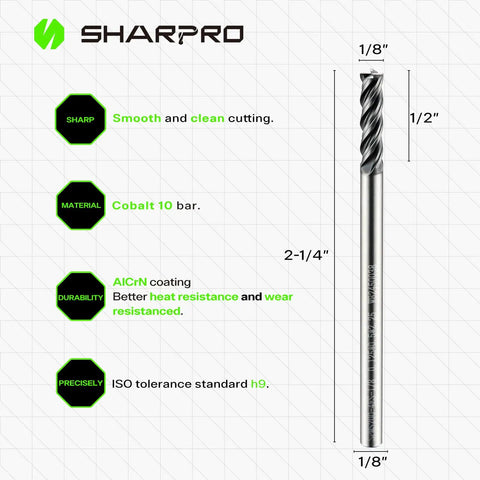 One Eighth Inch Shank Carbide Square End Mill, Four Flute CNC Cutter, Built Tough For Alloy Steel, Stainless Steel, And Cast Iron, Heat Resistant Endmill With Unequal Spacing To Cut Vibration Free And Deliver Smooth, Lasting Performance shown with dimensions and material features.