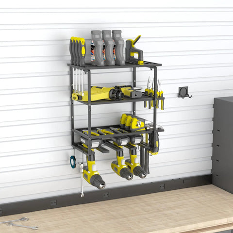 Must Have 4 Layer Power Tool Organizer Wall Mount With Heavy Duty Metal Shelves Cordless Drill Holder And Screwdriver Tray