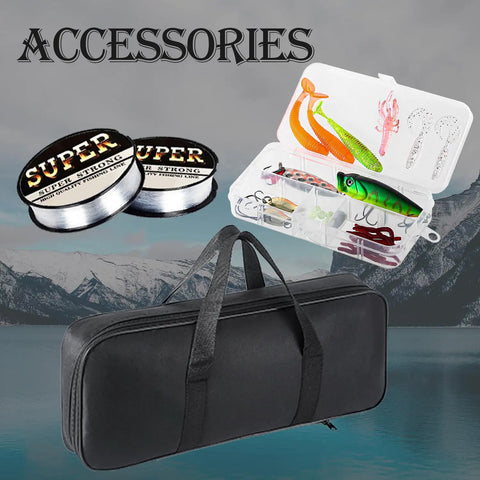Fishing accessories including tackle box, line spools, carrier bag from 6.9ft Telescopic Fishing Rod Set 2 Pack With Carbon Fiber Poles