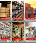 Collage of logistics transportation, warehouse storage, harbor terminal, factory transportation, shopping mall, and daily life scenes.