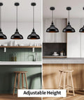 Industrial Farmhouse Pendant Light With Adjustable Hanging Rope Black Metal Ceiling Fixture for kitchen over stools