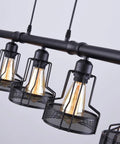 Farmhouse Pendant Lights Black 5 Light Linear Chandelier for Kitchen Island and Dining Room, metal cage design.