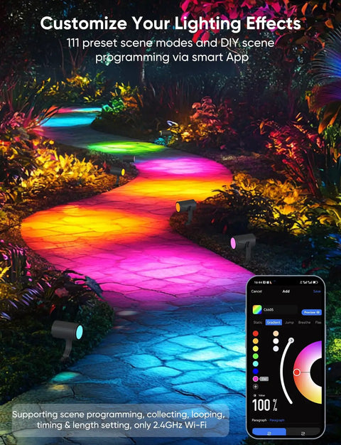 Smart Landscape Lighting Kit No-Fuss Six Pack Outdoor Spotlights illuminating colorful garden path with IP65 Waterproof