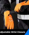100% Waterproof Winter Work Gloves For Men And Women With Thermal Insulation Double Layer Fully Dipped Latex For Maximum Grippy Touchscreen Compatibility Cold Weather Outdoor And Freezer Use Orange Large showing adjustable wrist closure