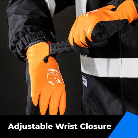 100% Waterproof Winter Work Gloves For Men And Women With Thermal Insulation Double Layer Fully Dipped Latex For Maximum Grippy Touchscreen Compatibility Cold Weather Outdoor And Freezer Use Orange Large showing adjustable wrist closure