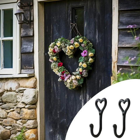 Dope Black Cast Iron Heart Shaped Wall Hooks For Home Decor Vibes And Closet Organization Heavy Duty Decorative Craft Hanging Hardware Reliable Set Of Two Pieces with floral wreath