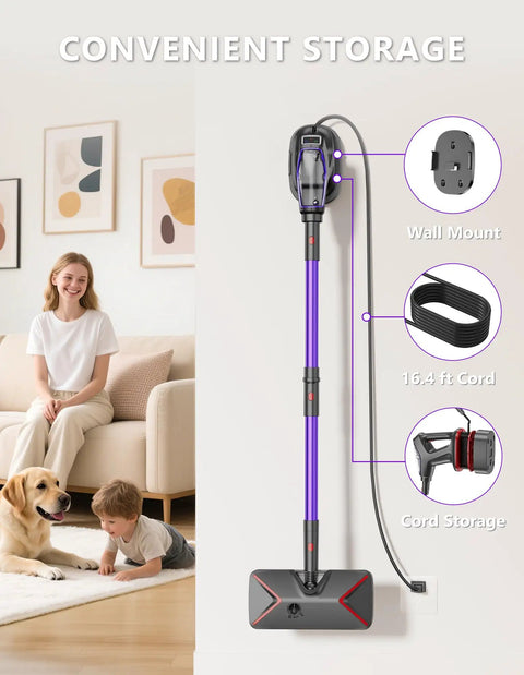 Heavy Duty Steam Mop Cleaner Chemical Free Floor Sanitizer For Hardwood Tile Laminate And Windows Featuring Rapid Heat Up and Smart Temperature Controls stored on wall with cord management.