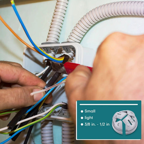 Close-up of 25 Pack Non Metallic Push In Wire Connectors 3/8 To 1/2 Inch Gray For NM Cable And Conduit installed in junction box