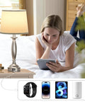 Touch Bedside Lamps Two Pack With USB C and USB A Ports, 3 Way Dimmable Nightstand Lamps in Brushed Nickel for Bedroom and Living Room, Bulbs Included, Easy Tap Control on nightstand with woman reading on tablet