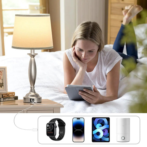 Touch Bedside Lamps Two Pack With USB C and USB A Ports, 3 Way Dimmable Nightstand Lamps in Brushed Nickel for Bedroom and Living Room, Bulbs Included, Easy Tap Control on nightstand with woman reading on tablet