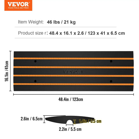 Top view of Rubber Curb Ramp Set For Driveway Two Pack Threshold Bridge With Reflective Safety Strips, dimensions labeled.
