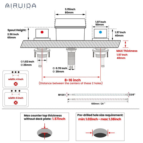 Dimensions diagram of Eight Inch Widespread Tub Filler Faucet With Waterfall Spout Dual Handles High Flow Bath Mixer.