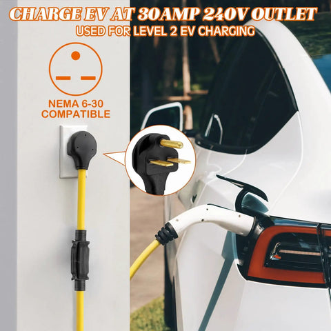 Car charging using 30 Amp EV Adapter Cord 6-30P To 6-20/15R Or 5-20/15R T Blade, 12 AWG, 1 Ft, 240V Male To Female Plug