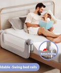 Man and toddler with book on bed next to Extra Tall Toddler Bed Rail Guard For Kids, Adjustable Height, Foldable And Portable Bed Rail