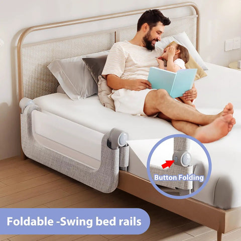 Man and toddler with book on bed next to Extra Tall Toddler Bed Rail Guard For Kids, Adjustable Height, Foldable And Portable Bed Rail