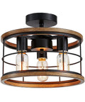 Vintage Farmhouse Semi Flush Mount Ceiling Light With Metal Cage, Wood Grain Finish, Black Frame, E26, 3 Bulbs