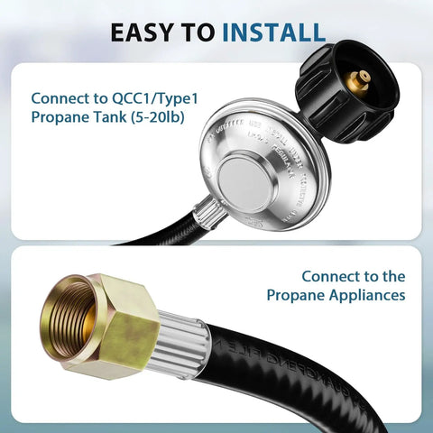 Universal 2 Feet Gas Grill Regulator And Hose For Propane Grills And Heaters All In One Easy Install Replacement For Weber Char Broil Nexgrill Patio Heaters And Fire Pits Outdoor, showing connectors.