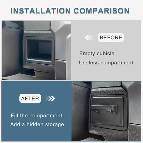 Installation comparison showing Center Console Storage Drawer Tray for Toyota Tacoma 2024 2025 2026 and 4Runner 2025 2026