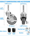 Product dimensions of Top Notch Heavy Duty 4 Inch Swivel Caster Wheels With Side Brake Locks Expanding Stem for pipe legs.