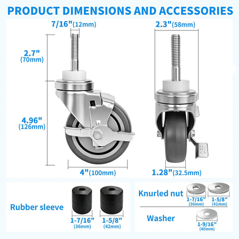 Product dimensions of Top Notch Heavy Duty 4 Inch Swivel Caster Wheels With Side Brake Locks Expanding Stem for pipe legs.