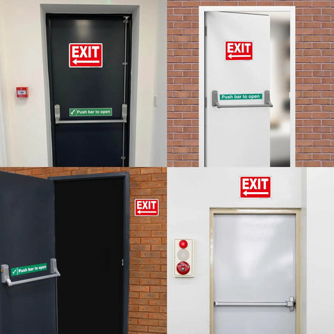 No Hassle Installation Heavy Duty Exit Signs With Left Arrow 10X7 Inch Fade Resistant Aluminum Safety Plaque on multiple doors.