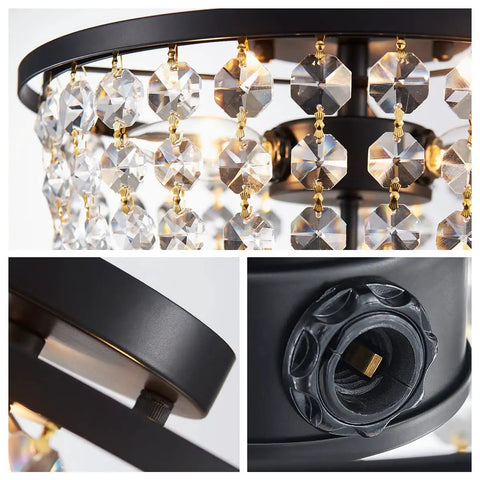 Close-up of Dope Crystal Chandelier Flush Mount Ceiling Light For Bedroom Hallway Bar Kitchen Bathroom 8.4 In High By 13 In Wide Black Finish E12 Base 120V 40W Max Bulbs Not Included Use 3 LED E12 Bulbs For Sparkling Glow, showing crystal strands and E12 base details.