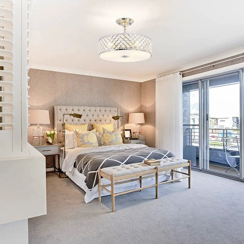 Crystal Chrome Ceiling Light Fixture With 3 Lights Flush Mount Round 15 Inch Chandelier in elegant bedroom setting