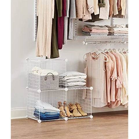 Three Piece Wire Stackable Cube Storage Set White For Closet Bookshelf And Toys Easy To Assemble Grab And Go Multi Use Home Organizer With Adjustable Modular Design System in closet with clothes.