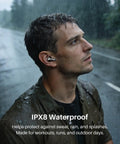 Man wearing Hybrid Active Noise Cancelling Wireless Earbuds With Six Microphones in rain, showcasing IPX8 waterproof feature.