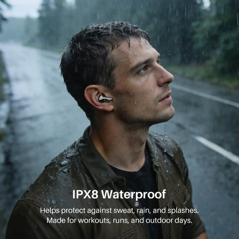 Man wearing Hybrid Active Noise Cancelling Wireless Earbuds With Six Microphones in rain, showcasing IPX8 waterproof feature.