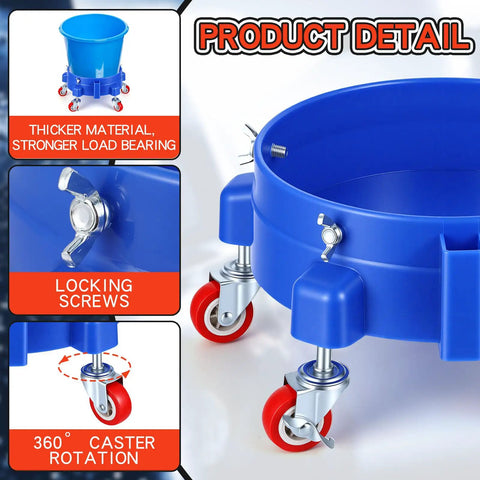 Close-up of the Get This 5 Gallon Bucket Dolly Cart with Swivel Casters showcasing locking screws and 360° caster rotation.
