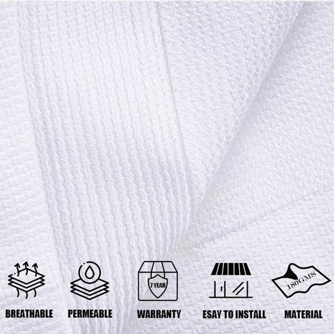 Close-up of Shade Cloth Ninety Percent White 8 By 10 Foot HDPE Sun Shade Sail material showing texture and features icons