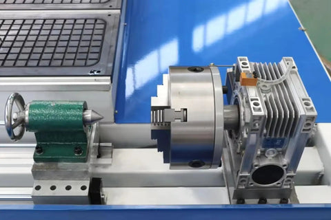 Rotary Axis 4 Axis CNC Router With 4x8 Engraving Milling Machine for 3D Wood Foam Sculpture, close-up on rotary axis mechanism