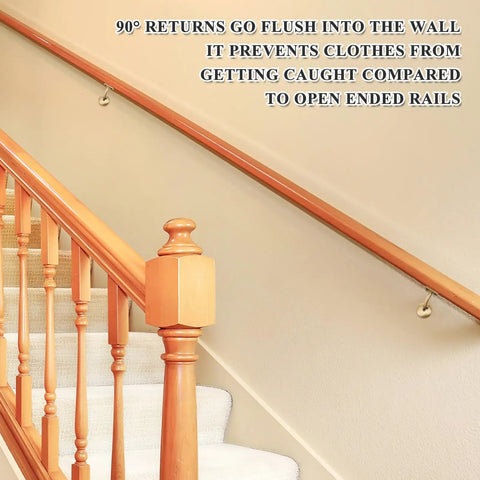 90 degree returns on Premium Grade Six Foot Red Oak Handrail Kit with brass arms, preventing clothes from getting caught.